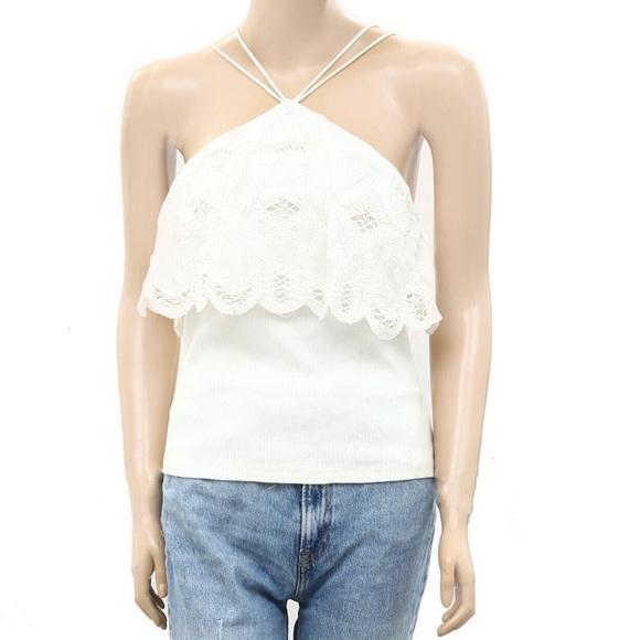 Anthropologie Ruffled Halter Tie Back Tank in White Lace Anglaise Adjustable Sm - Picture 2 of 11